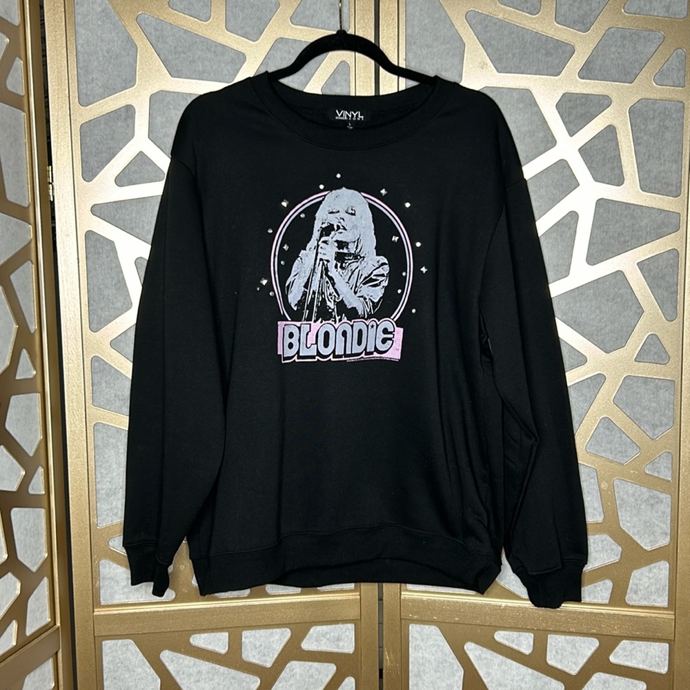 VINYL ICONS‎ Blondie Singing Mic Graphic Rhinestone Fringe Yoke Sweatshirt